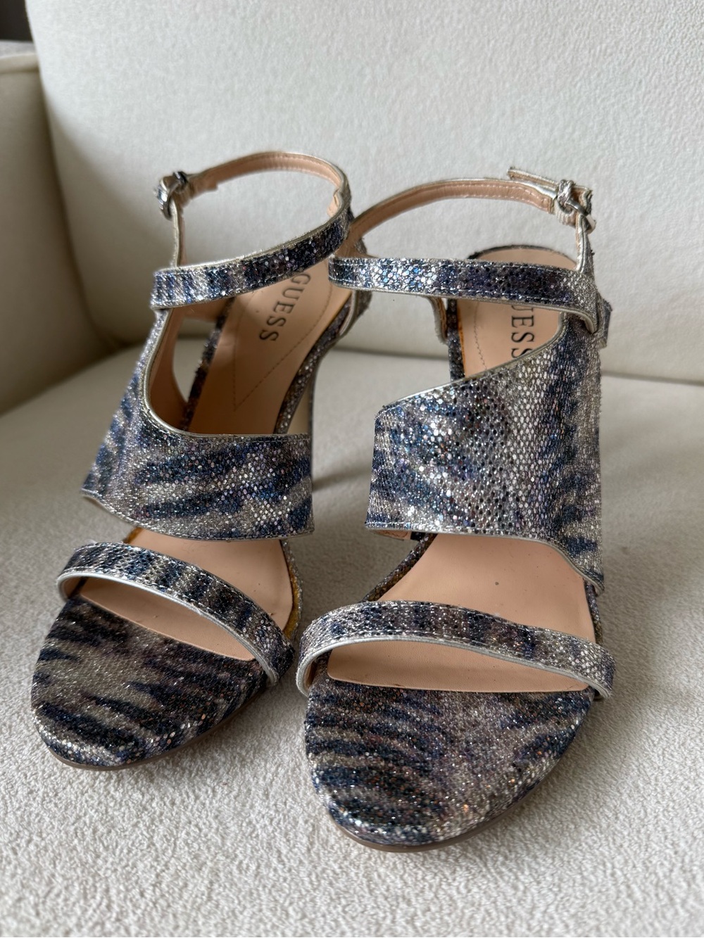 GUESS Women's Glitter Navy and Silver Strappy Heels